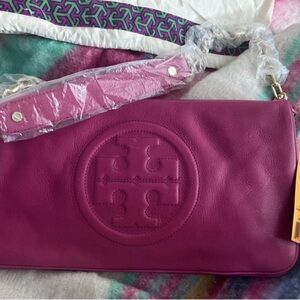 Tory Burch magenta Bombe Reva Clutch with strap